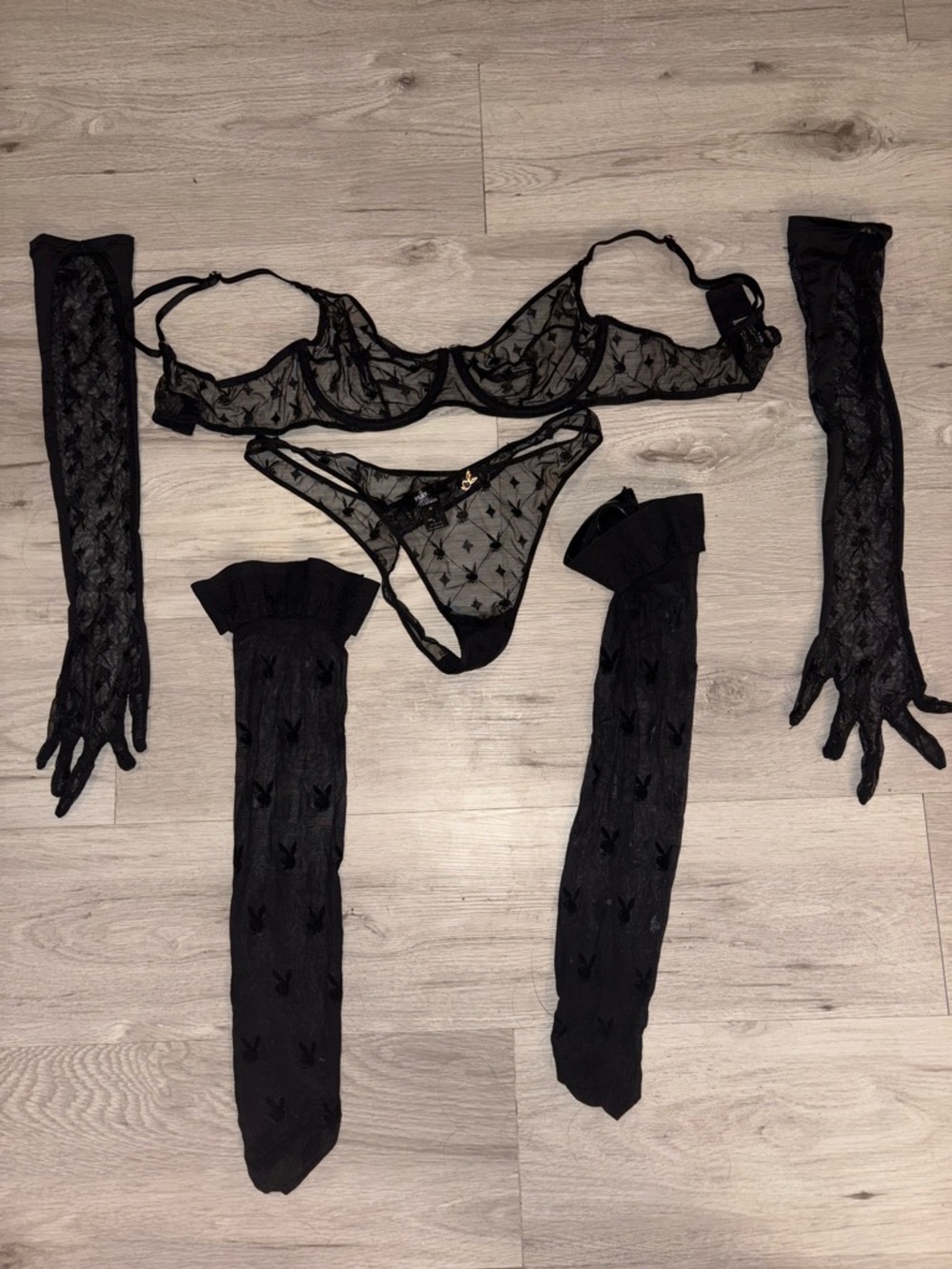 PLAYBOY Black Sheer Set with icon bunny ears, bunny stockings, icon gloves NWOT